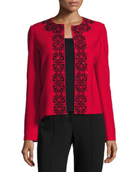 St. John Scroll Embroidered Crinkle Knit Zip Front Jacket Red