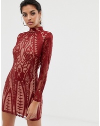 Red Embroidered Lace Bodycon Dress