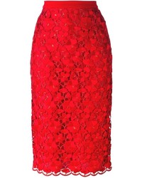 Red Embroidered Lace Pencil Skirt