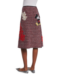 Marc Jacobs A Line Embroidered Tweed Skirt With Mickey Red