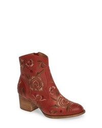 Red Embroidered Leather Ankle Boots