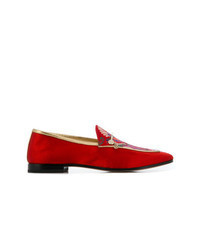 Red Embroidered Leather Loafers