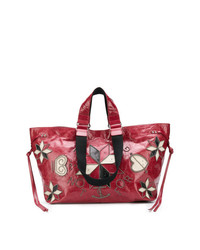 Red Embroidered Leather Tote Bag