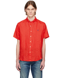 Red Embroidered Linen Long Sleeve Shirt
