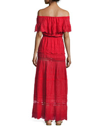 Alice + Olivia Pansy Embroidered Off The Shoulder Boho Maxi Dress Bright Red