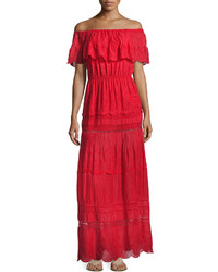 Alice + Olivia Pansy Embroidered Off The Shoulder Boho Maxi Dress Bright Red