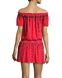 Parker Tammy Embroidered Smocked Waist Mini Dress Red