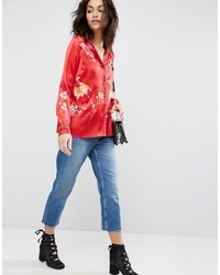 Asos Premium Satin Pajama Blouse With Embroidery