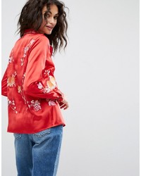 Asos Premium Satin Pajama Blouse With Embroidery