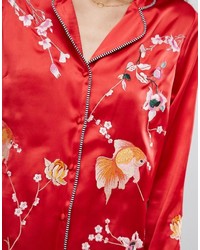 Asos Premium Satin Pajama Blouse With Embroidery