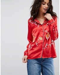 Asos Premium Satin Pajama Blouse With Embroidery