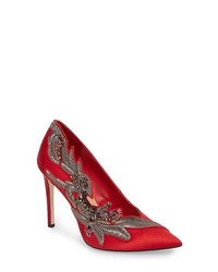 Red Embroidered Satin Pumps