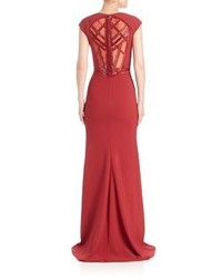 Pamella Roland Embroidered Stretch Crepe Gown