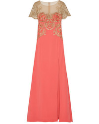 Marchesa Notte Embroidered Tulle And Stretch Crepe Gown Coral