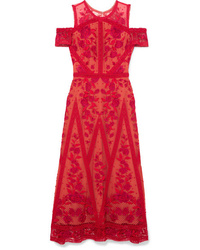 Red Embroidered Tulle Midi Dress
