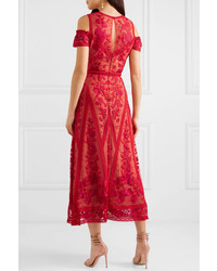 Marchesa Notte Cold Shoulder Guipure Med Embroidered Tulle Midi Dress