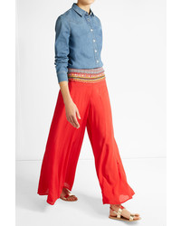 Red Embroidered Wide Leg Pants