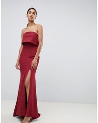 Jarlo Bandeau Overlay Maxi Dress With Thigh Split In Berry