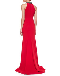 Carmen Marc Valvo Beaded Neck Toga Gown Red