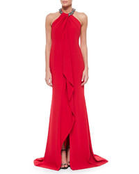 Carmen Marc Valvo Beaded Neck Toga Gown Red