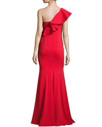 Jay Godfrey Bolt One Shoulder Flounce Mermaid Gown Red