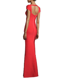 Herve Leger Cap Sleeve Sweetheart Bandage Gown Coral Poppy