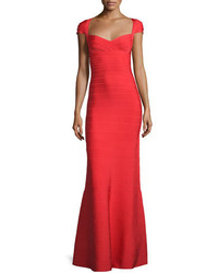 Herve Leger Cap Sleeve Sweetheart Bandage Gown Coral Poppy