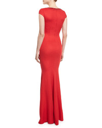St. John Collection Rumba Knit Crystal Trim Mermaid Gown Hibiscus