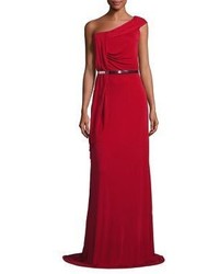 David Meister Draped One Shoulder Belted Gown