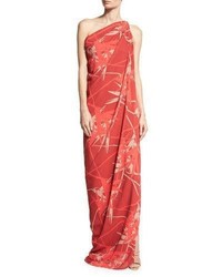 Halston Heritage Draped One Shoulder Gown Red Pattern