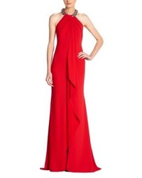 Carmen Marc Valvo Jeweled Cascade Front Crepe Gown