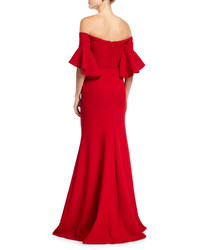 Badgley Mischka Off The Shoulder Ruched Crepe Evening Gown