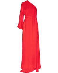 Rosetta Getty One Sleeve Silk Chiffon Wrap Gown Red