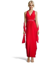 Hayden Red Lace And Jersey Knit Ruched Evening Gown