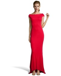 Badgley Mischka Red Stretch Woven Off Shoulder Open Back Gown