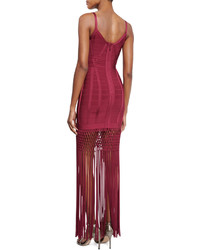 Herve Leger Sleeveless Fringe Hem Bandage Gown Raspberry