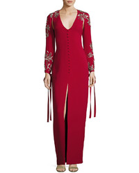 Monique Lhuillier V Neck Embroided Sleeve Gown