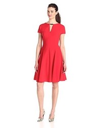 Anne Klein Short Sleeve Fit And Flare Dress With Neck Trim