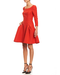 Carolina Herrera Faille 34 Sleeve Fit  Flare Cocktail Dress Fire Red