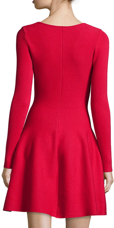red long sleeve fit and flare dress
