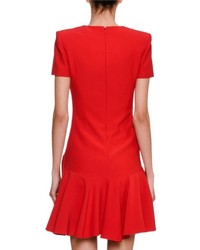 Alexander McQueen Short Sleeve V Neck Fit Flare Dress Scarlet