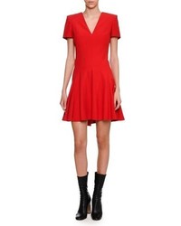 Alexander McQueen Short Sleeve V Neck Fit Flare Dress Scarlet