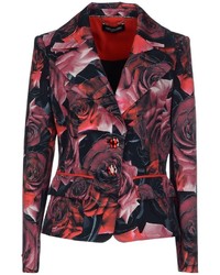 Women's Red Floral Blazer, Red Silk Long Sleeve Blouse, Blue Flare Jeans
