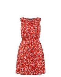 Exclusives New Look Red Floral Print Shirred Waist Skater Dress