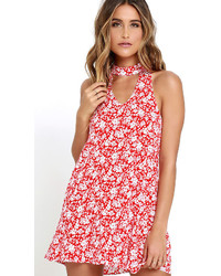 LuLu*s Lean Close Ivory And Red Floral Print Swing Dress