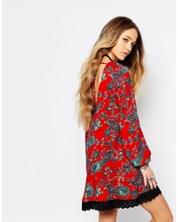 Reclaimed Vintage Long Sleeve Tunic Dress With Tie Back Detail In Red Floral