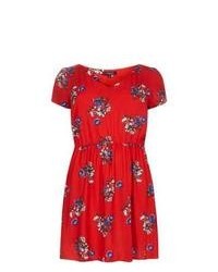 New Look Inspire Red Floral Print V Neck Tea Dress