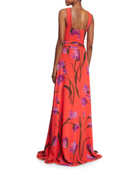 David Meister Cross Front Floral Chiffon Gown Redpurple