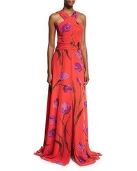David Meister Cross Front Floral Chiffon Gown Redpurple
