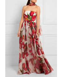 Dolce & Gabbana Floral Print Silk Blend Matelass And Chiffon Gown Red